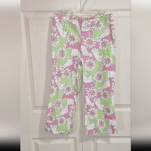 Lilly Pulitzer Vibrant Lightweight Floral Cotton Capris - 0 - Pink Green Cats